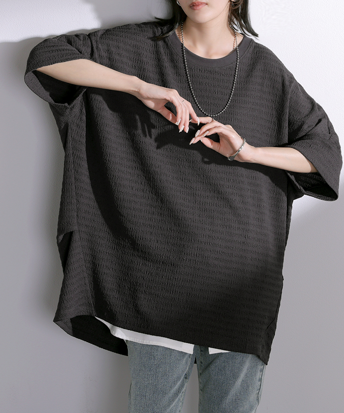 トップス アイロン不要 半袖 レディース Tシャツ プルオーバー カットソー シュリンク クルーネック ストレッチ シワになりにくい ドルマン ロング ロングT | HUG.U | 06