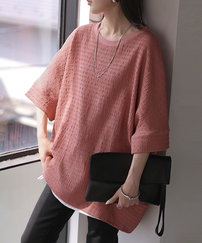 トップス アイロン不要 半袖 レディース Tシャツ プルオーバー カットソー シュリンク クルーネック ストレッチ シワになりにくい ドルマン ロング ロングT | HUG.U | 04