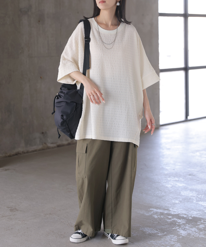 トップス アイロン不要 半袖 レディース Tシャツ プルオーバー カットソー シュリンク クルーネック ストレッチ シワになりにくい ドルマン ロング ロングT | HUG.U | 01