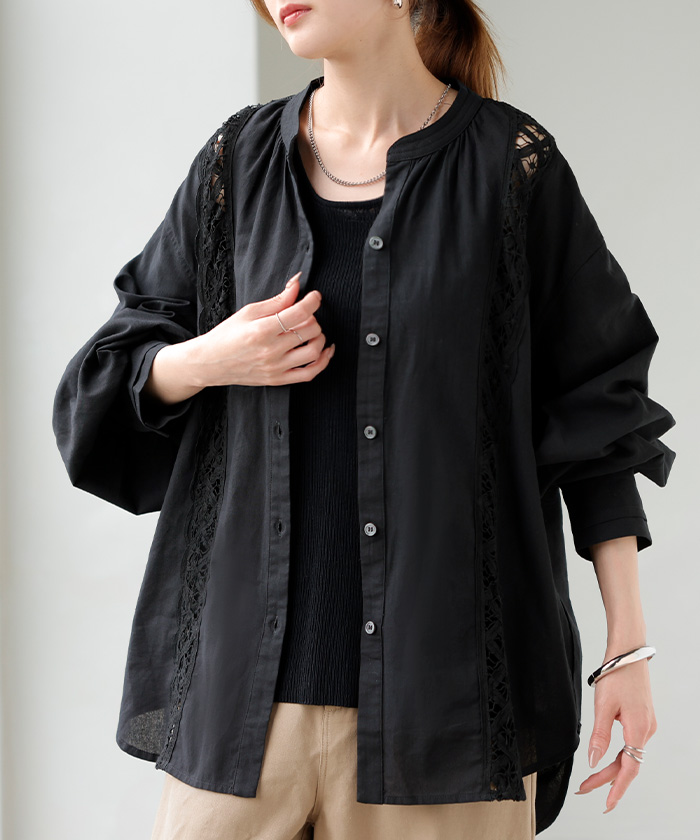 シャツ レース 刺繍 ドッキング レディース トップス ロング ブラウス ロングシャツ レースシャツ チュニック 羽織 長袖 スキッパー | HUG.U | 02