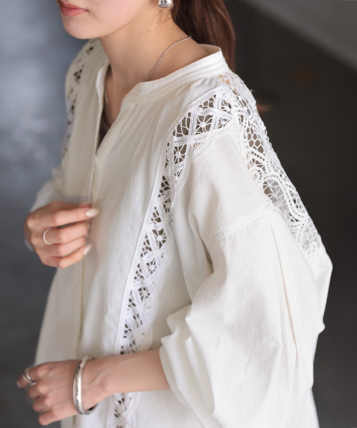 シャツ レース 刺繍 ドッキング レディース トップス ロング ブラウス ロングシャツ レースシャツ チュニック 羽織 長袖 スキッパー | HUG.U | 01
