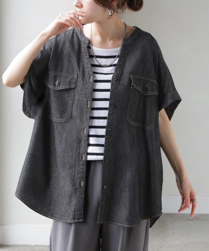 シャツ デニム 半袖 ブラウス レディース トップス ロング デニムシャツ ジーンズ Gジャン 涼しい Vネック 薄手 ライトオンス ヴィンテージ風 前開き 羽織り | HUG.U | 03