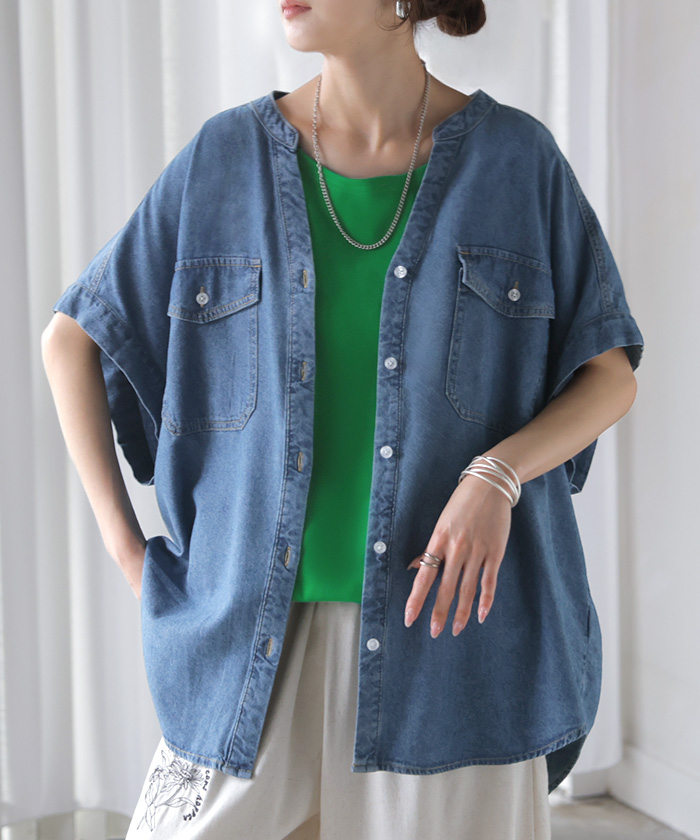 シャツ デニム 半袖 ブラウス レディース トップス ロング デニムシャツ ジーンズ Gジャン 涼しい Vネック 薄手 ライトオンス ヴィンテージ風 前開き 羽織り | HUG.U | 02