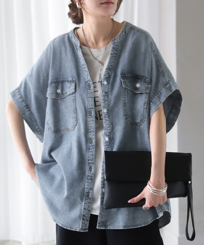シャツ デニム 半袖 ブラウス レディース トップス ロング デニムシャツ ジーンズ Gジャン 涼しい Vネック 薄手 ライトオンス ヴィンテージ風 前開き 羽織り | HUG.U | 01
