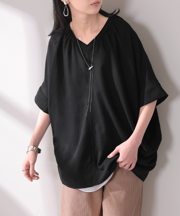 ブラウス Vネック レディース トップス ロング シャツ チュニック カットソー ロングシャツ 半袖 無地 カジュアル きれいめ 薄手 スラブ生地 | HUG.U | 05