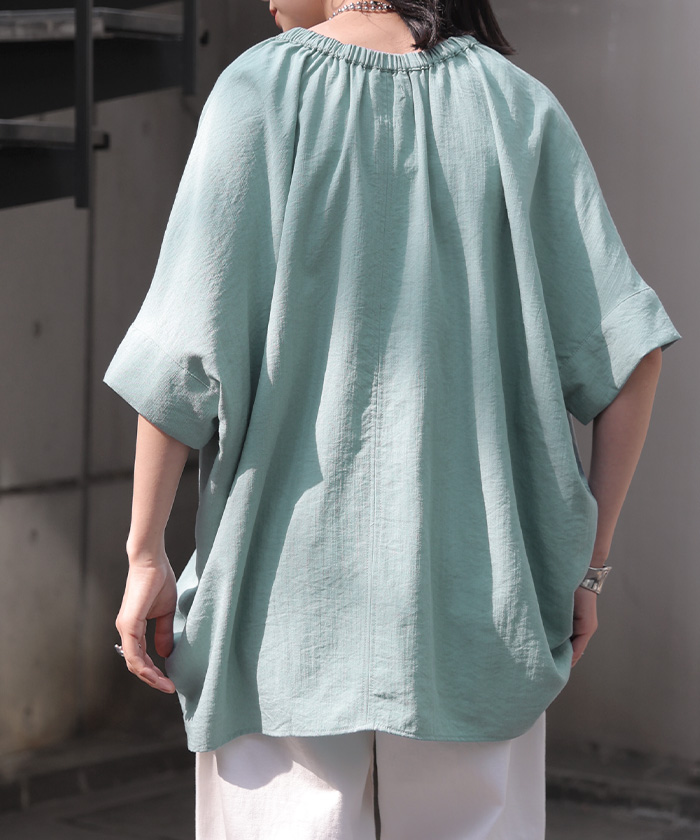 ブラウス Vネック レディース トップス ロング シャツ チュニック カットソー ロングシャツ 半袖 無地 カジュアル きれいめ 薄手 スラブ生地 | HUG.U | 02