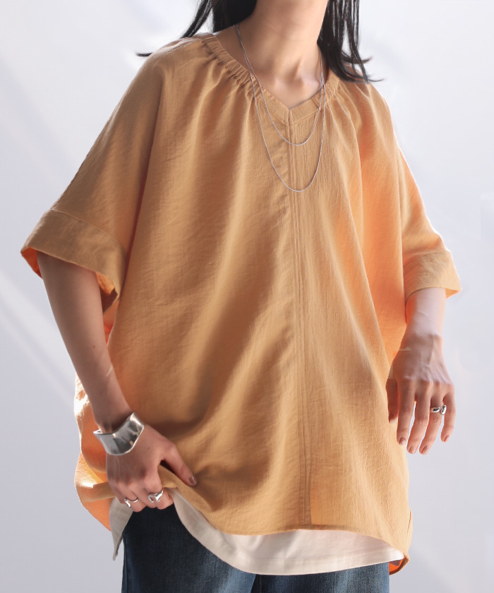 ブラウス Vネック レディース トップス ロング シャツ チュニック カットソー ロングシャツ 半袖 無地 カジュアル きれいめ 薄手 スラブ生地 | HUG.U | 03