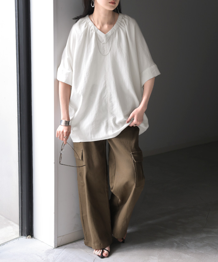 ブラウス Vネック レディース トップス ロング シャツ チュニック カットソー ロングシャツ 半袖 無地 カジュアル きれいめ 薄手 スラブ生地 | HUG.U | 01