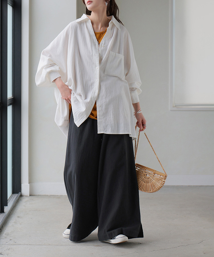 パンツ 綿100 ロング レディース ワイド ワイドパンツ ロングパンツ 涼しい 透けない コットン ハイウエスト ウエストゴム カラーパンツ イージー 体型カバー | HUG.U | 06