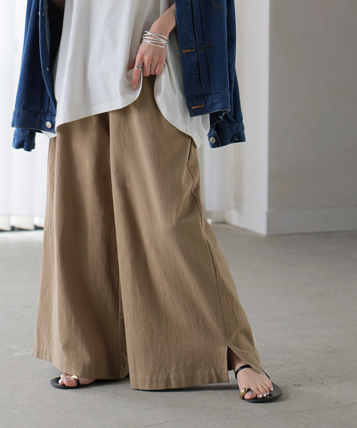 パンツ 綿100 ロング レディース ワイド ワイドパンツ ロングパンツ 涼しい 透けない コットン ハイウエスト ウエストゴム カラーパンツ イージー 体型カバー | HUG.U | 04