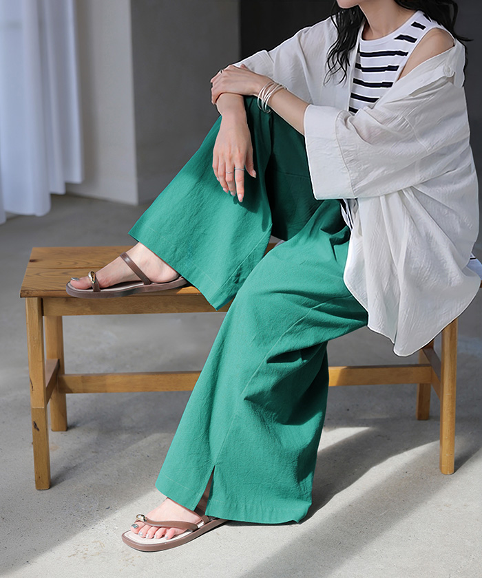 パンツ 綿100 ロング レディース ワイド ワイドパンツ ロングパンツ 涼しい 透けない コットン ハイウエスト ウエストゴム カラーパンツ イージー 体型カバー | HUG.U | 03