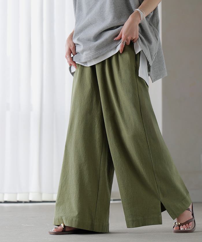 パンツ 綿100 ロング レディース ワイド ワイドパンツ ロングパンツ 涼しい 透けない コットン ハイウエスト ウエストゴム カラーパンツ イージー 体型カバー | HUG.U | 05