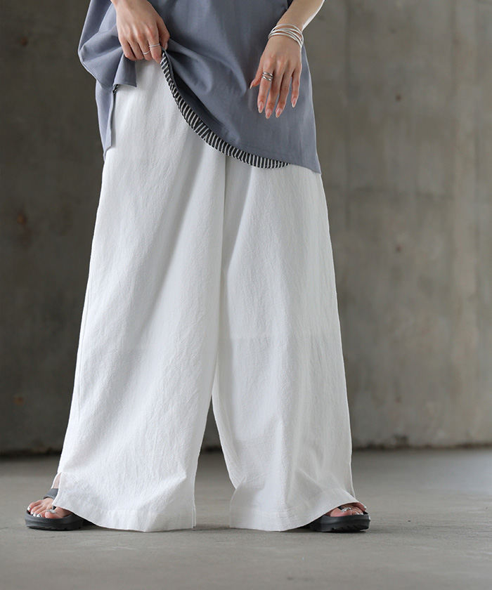 パンツ 綿100 ロング レディース ワイド ワイドパンツ ロングパンツ 涼しい 透けない コットン ハイウエスト ウエストゴム カラーパンツ イージー 体型カバー | HUG.U | 01