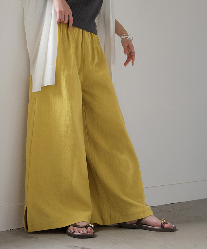 パンツ 綿100 ロング レディース ワイド ワイドパンツ ロングパンツ 涼しい 透けない コットン ハイウエスト ウエストゴム カラーパンツ イージー 体型カバー | HUG.U | 02