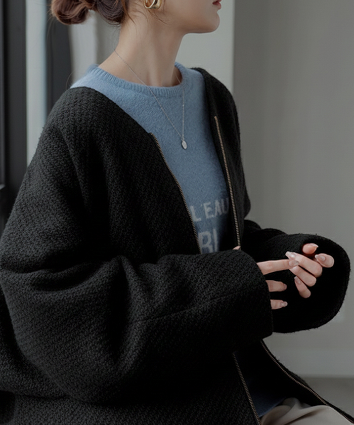 コート ツイード ドルマン ジャケット アウター レディース ツイードジャケット ロング ノーカラー Vネック 袖口ボタン チュニック オーバーサイズ 大きいサイズ | HUG.U | 02