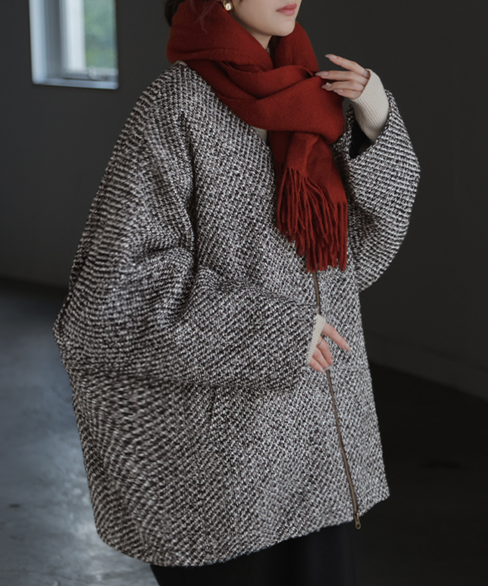 コート ツイード ドルマン ジャケット アウター レディース ツイードジャケット ロング ノーカラー Vネック 袖口ボタン チュニック オーバーサイズ 大きいサイズ | HUG.U | 01