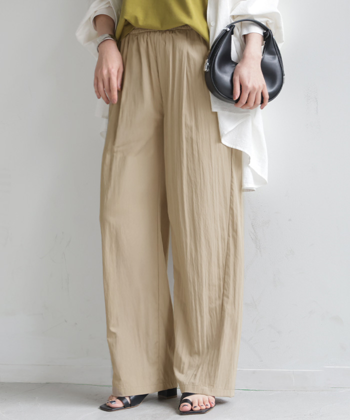 パンツ ロング ワイド ワッシャー レディース ワイドパンツ 軽い ストレート シワ加工 タック ウエストゴム セットアップ 可 ハイウエスト ボトムス ズボン | HUG.U | 01
