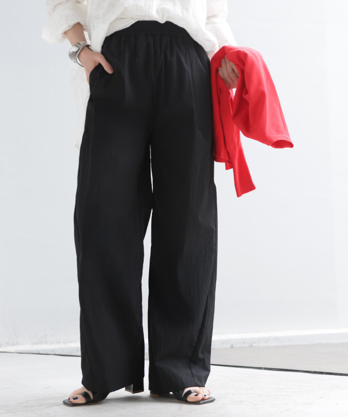 パンツ ロング ワイド ワッシャー レディース ワイドパンツ 軽い ストレート シワ加工 タック ウエストゴム セットアップ 可 ハイウエスト ボトムス ズボン | HUG.U | 03