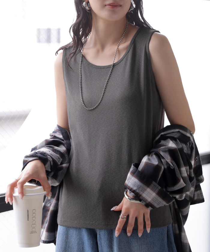 タンクトップ インナー トップス レディース ノースリーブ ノースリ タンク 重ね着 レイヤード キャミソール カットソー ロング丈 無地 チュニック ストレッチ | HUG.U | 04