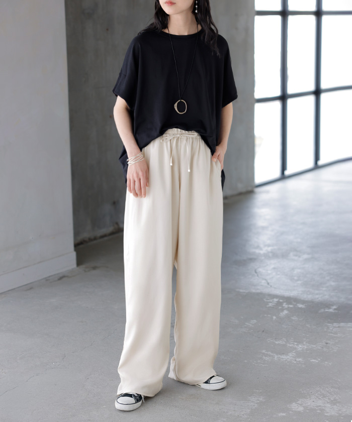 パンツ ワイド 楽ちん レディース ボトムス ボトム ロング ロングパンツ スラックス ワイドパンツ ストレートパンツ イージーパンツ ハイウエスト ウエストゴム | HUG.U | 01