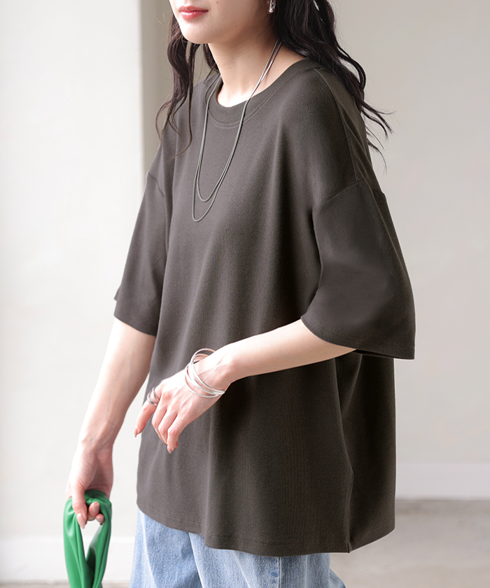 Tシャツ リブ とろリブ レディース トップス ロング カットソー ティーシャツ チュニック プルオーバー オーバー リブT クルーネック | HUG.U | 06
