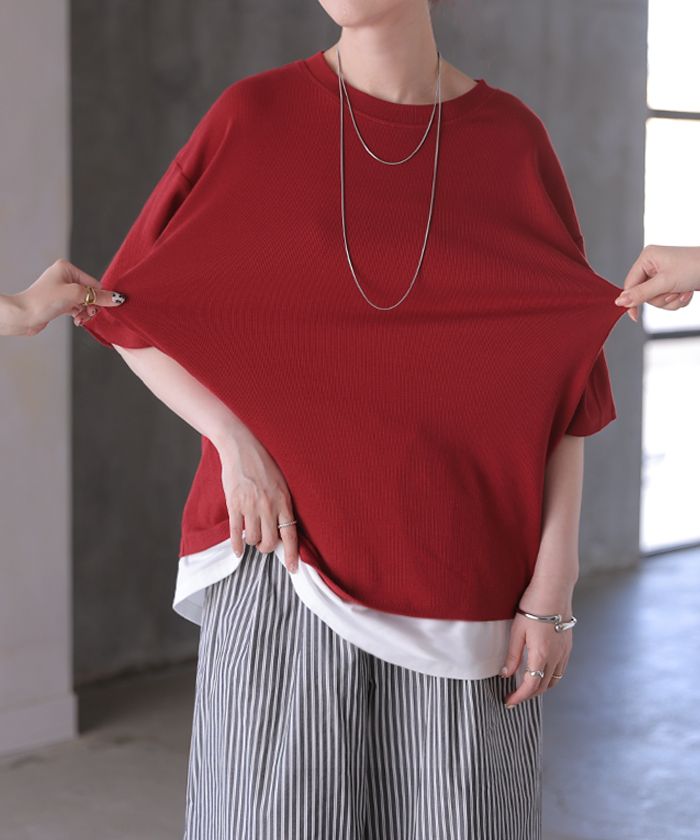 Tシャツ リブ とろリブ レディース トップス ロング カットソー ティーシャツ チュニック プルオーバー オーバー リブT クルーネック | HUG.U | 03
