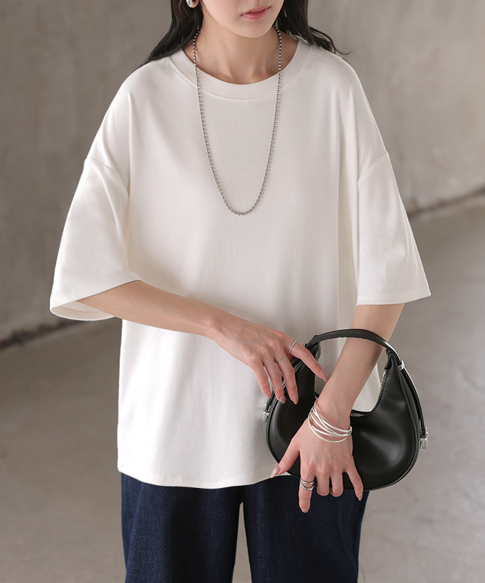 Tシャツ リブ とろリブ レディース トップス ロング カットソー ティーシャツ チュニック プルオーバー オーバー リブT クルーネック | HUG.U | 01