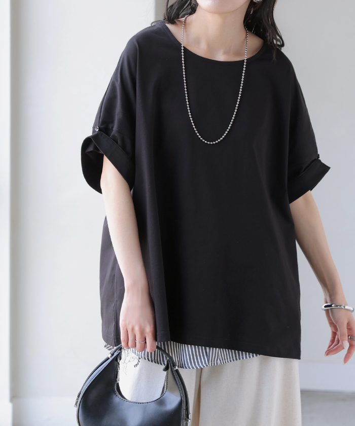 Tシャツ 体感-2℃ 接触冷感 レディース トップス 半袖 ロング カットソー チュニック ロールアップ 袖 袖2WAY クルーネック 涼しい ひんやり イージーケア | HUG.U | 06