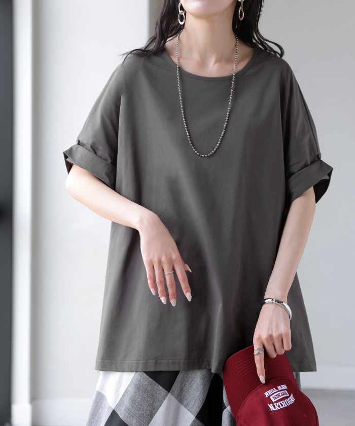 Tシャツ 体感-2℃ 接触冷感 レディース トップス 半袖 ロング カットソー チュニック ロールアップ 袖 袖2WAY クルーネック 涼しい ひんやり イージーケア | HUG.U | 05