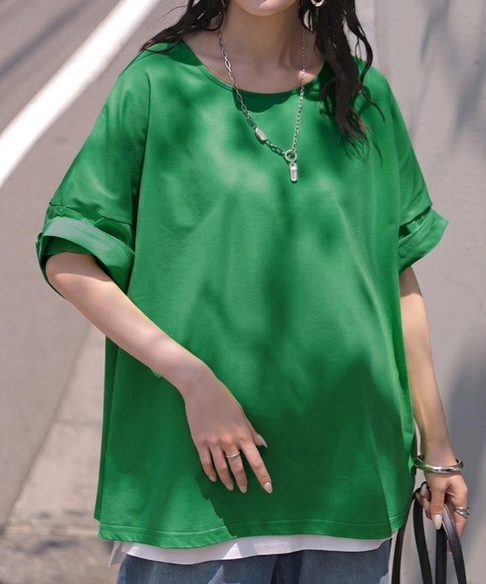 Tシャツ 体感-2℃ 接触冷感 レディース トップス 半袖 ロング カットソー チュニック ロールアップ 袖 袖2WAY クルーネック 涼しい ひんやり イージーケア | HUG.U | 04