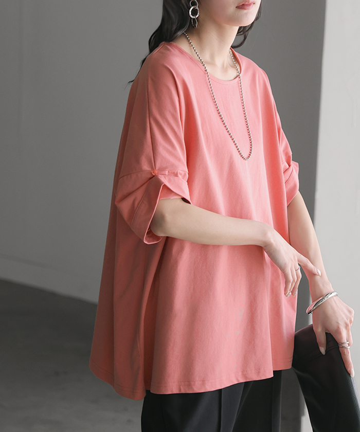 Tシャツ 体感-2℃ 接触冷感 レディース トップス 半袖 ロング カットソー チュニック ロールアップ 袖 袖2WAY クルーネック 涼しい ひんやり イージーケア | HUG.U | 03