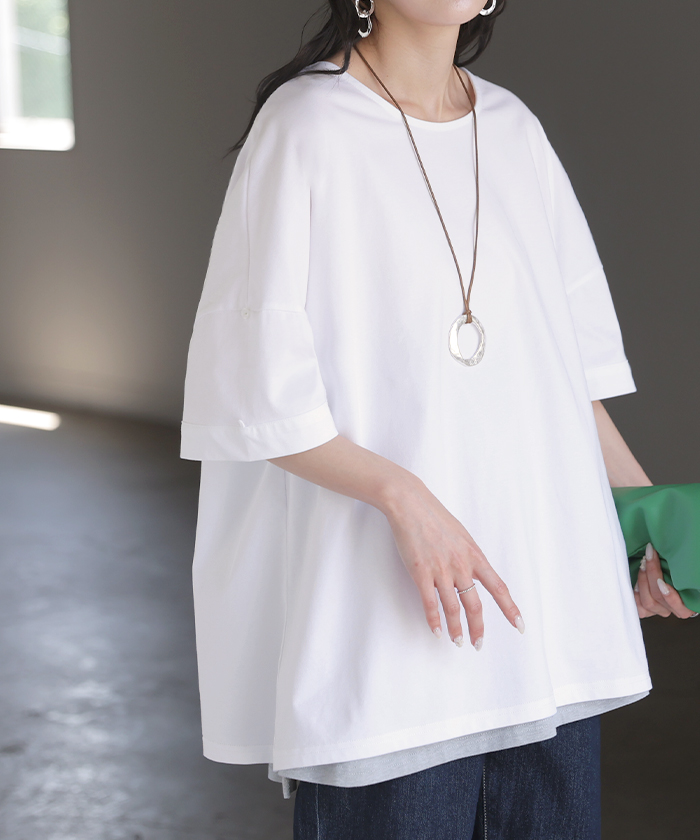 Tシャツ 体感-2℃ 接触冷感 レディース トップス 半袖 ロング カットソー チュニック ロールアップ 袖 袖2WAY クルーネック 涼しい ひんやり イージーケア | HUG.U | 01