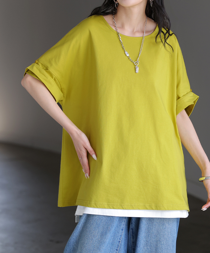 Tシャツ 体感-2℃ 接触冷感 レディース トップス 半袖 ロング カットソー チュニック ロールアップ 袖 袖2WAY クルーネック 涼しい ひんやり イージーケア | HUG.U | 02