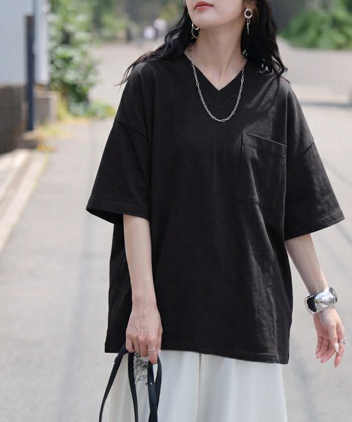 Tシャツ 汗ジミ軽減 綿100 レディース トップス ロング ティーシャツ チュニック プルオーバー オーバー ビッグ Vネック 吸水 撥水 | HUG.U | 05