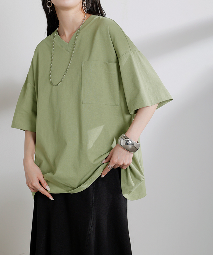 Tシャツ 汗ジミ軽減 綿100 レディース トップス ロング ティーシャツ チュニック プルオーバー オーバー ビッグ Vネック 吸水 撥水 | HUG.U | 04
