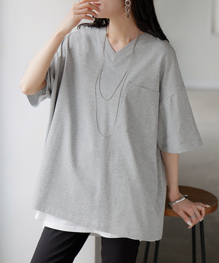Tシャツ 汗ジミ軽減 綿100 レディース トップス ロング ティーシャツ チュニック プルオーバー オーバー ビッグ Vネック 吸水 撥水 | HUG.U | 02
