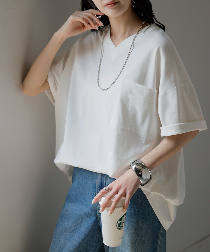 Tシャツ 汗ジミ軽減 綿100 レディース トップス ロング ティーシャツ チュニック プルオーバー オーバー ビッグ Vネック 吸水 撥水 | HUG.U | 01