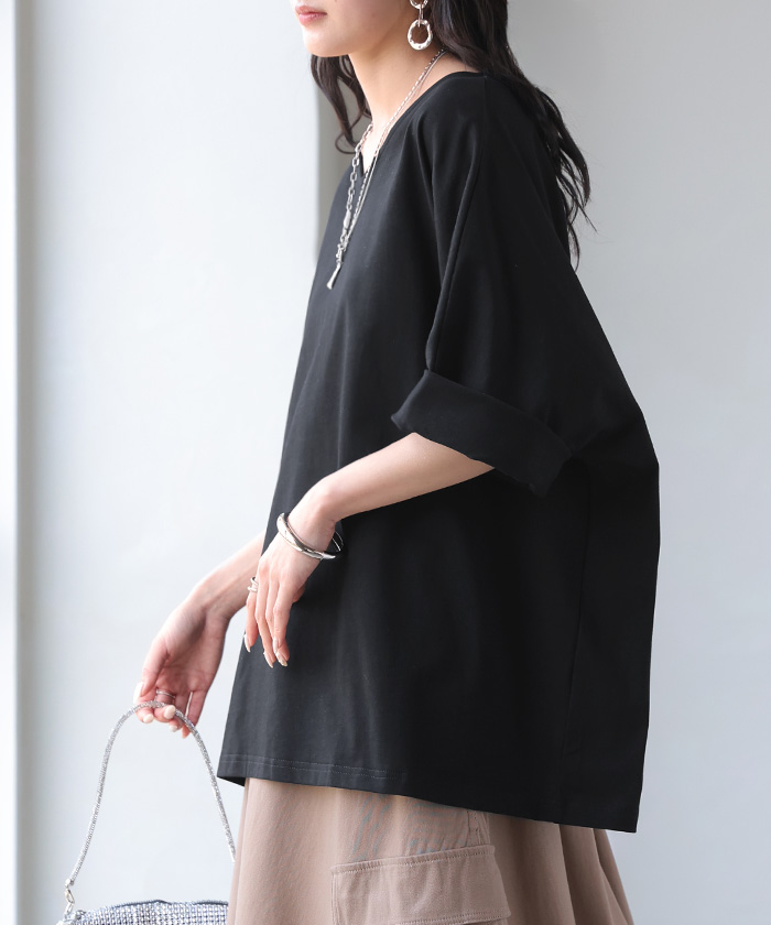 Tシャツ 汗ジミ軽減 綿100 レディース トップス カットソー ティーシャツ チュニック Vネック コットン 汗染み防止 吸水 撥水 脇汗 汗 背中 猛暑 ロールアップ | HUG.U | 05