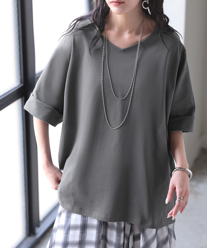 Tシャツ 汗ジミ軽減 綿100 レディース トップス カットソー ティーシャツ チュニック Vネック コットン 汗染み防止 吸水 撥水 脇汗 汗 背中 猛暑 ロールアップ | HUG.U | 04