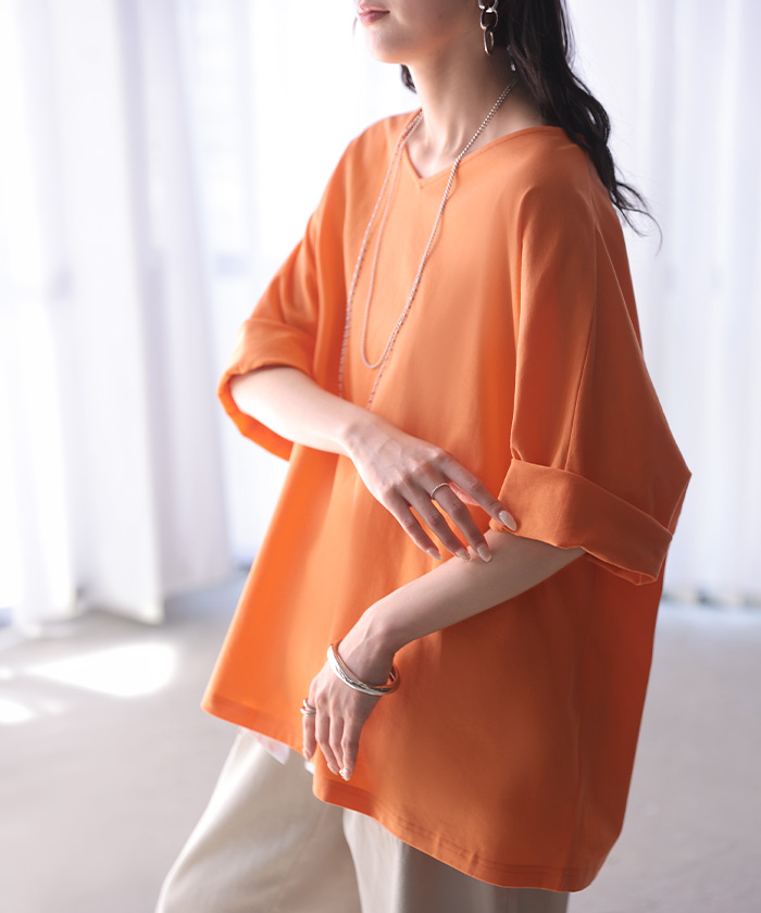 Tシャツ 汗ジミ軽減 綿100 レディース トップス カットソー ティーシャツ チュニック Vネック コットン 汗染み防止 吸水 撥水 脇汗 汗 背中 猛暑 ロールアップ | HUG.U | 02