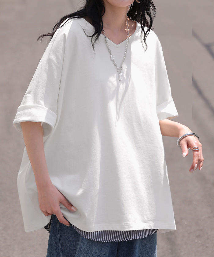 Tシャツ 汗ジミ軽減 綿100 レディース トップス カットソー ティーシャツ チュニック Vネック コットン 汗染み防止 吸水 撥水 脇汗 汗 背中 猛暑 ロールアップ | HUG.U | 01