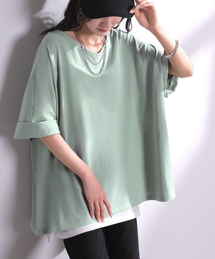 Tシャツ 汗ジミ軽減 綿100 レディース トップス カットソー ティーシャツ チュニック Vネック コットン 汗染み防止 吸水 撥水 脇汗 汗 背中 猛暑 ロールアップ | HUG.U | 03