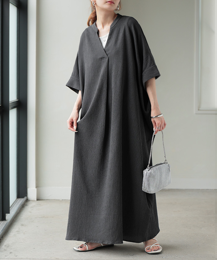 ワンピース ロング 楊柳 スキッパー レディース ワンピ ロングワンピース シャツワンピース ブラウス Aライン マキシ マキシワンピース | HUG.U | 04