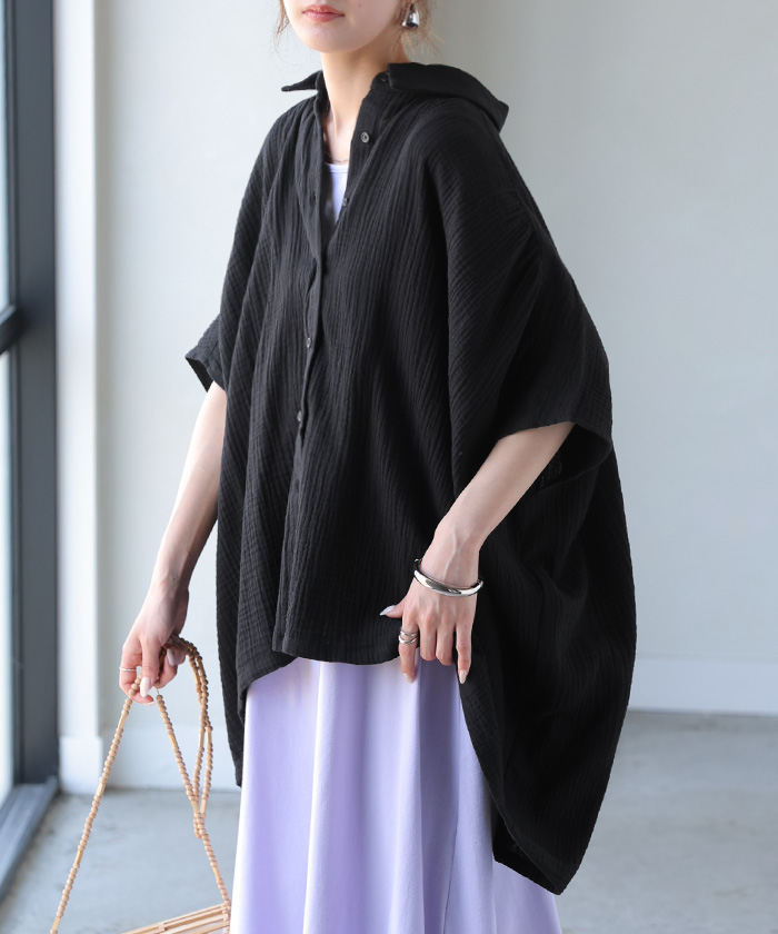 シャツ わたあめシャツ 綿100 レディース トップス 半袖シャツ ブラウス ロング ダブルガーゼ ロングシャツ チュニック カットソー | HUG.U | 05