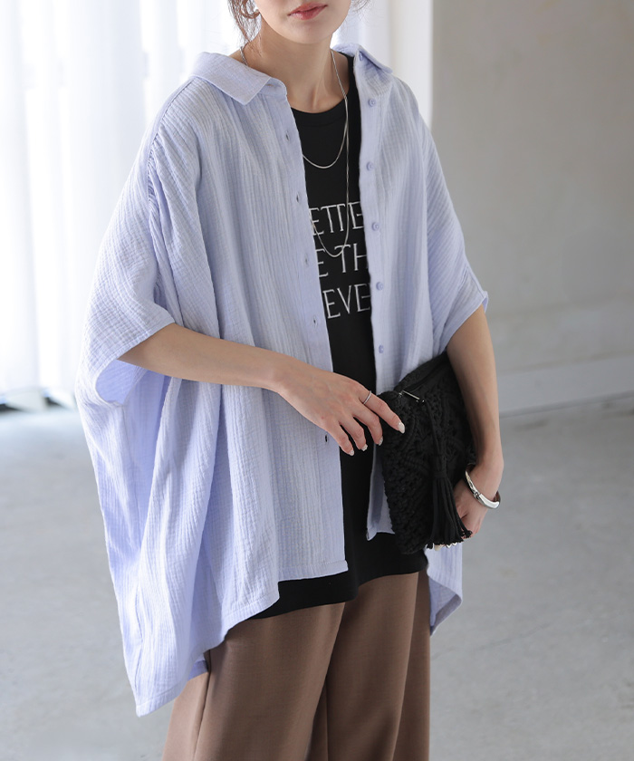 シャツ わたあめシャツ 綿100 レディース トップス 半袖シャツ ブラウス ロング ダブルガーゼ ロングシャツ チュニック カットソー | HUG.U | 03