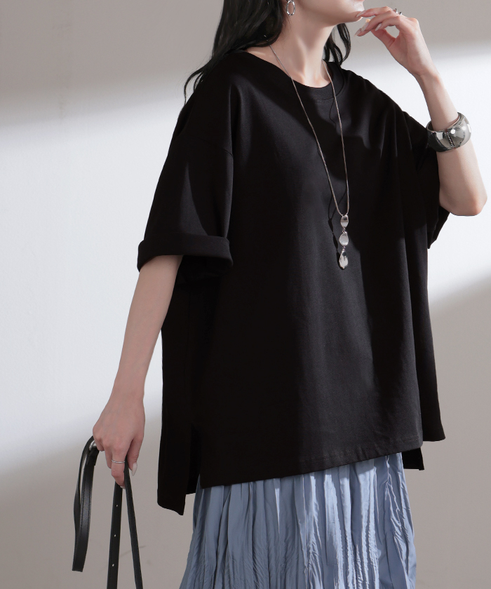 Tシャツ 汗ジミ軽減 レディース トップス 半袖 クルーネック ロング チュニック ドルマン カットソー 撥水 吸水 綿100％ コットン 脇汗 | HUG.U | 07