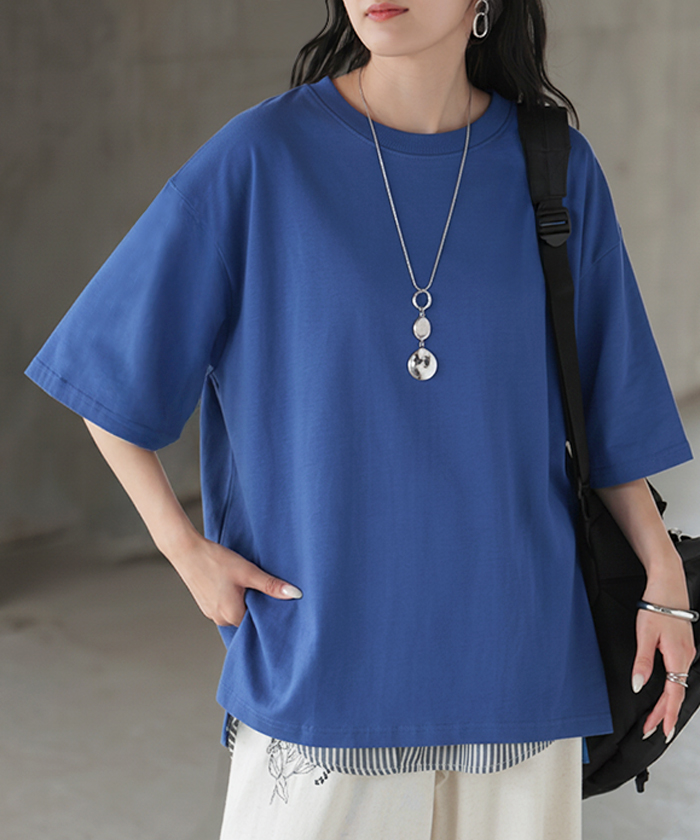 Tシャツ 汗ジミ軽減 レディース トップス 半袖 クルーネック ロング チュニック ドルマン カットソー 撥水 吸水 綿100％ コットン 脇汗 | HUG.U | 03