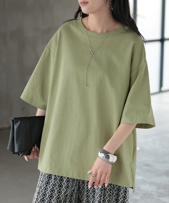 Tシャツ 汗ジミ軽減 レディース トップス 半袖 クルーネック ロング チュニック ドルマン カットソー 撥水 吸水 綿100％ コットン 脇汗 | HUG.U | 04