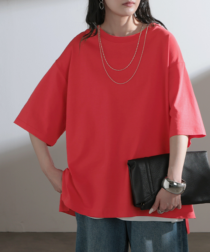Tシャツ 汗ジミ軽減 レディース トップス 半袖 クルーネック ロング チュニック ドルマン カットソー 撥水 吸水 綿100％ コットン 脇汗 | HUG.U | 05