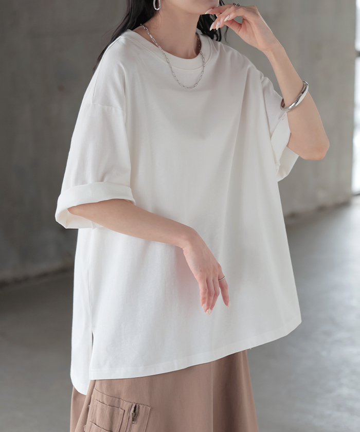 Tシャツ 汗ジミ軽減 レディース トップス 半袖 クルーネック ロング チュニック ドルマン カットソー 撥水 吸水 綿100％ コットン 脇汗 | HUG.U | 01
